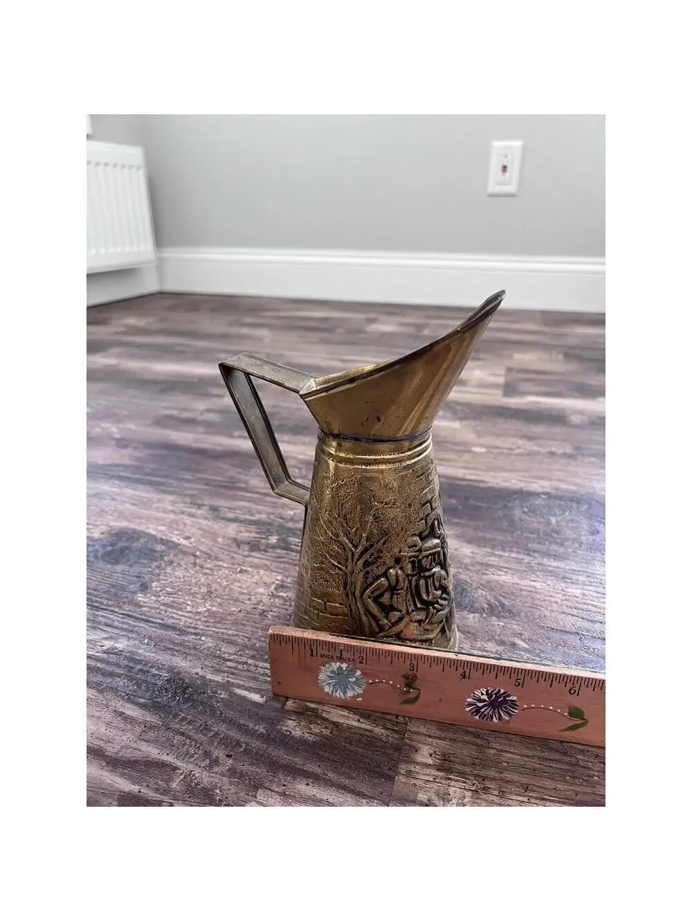 Vintage Made in England Brass-Tone Embossed Pitcher | English Pub Scene Jug